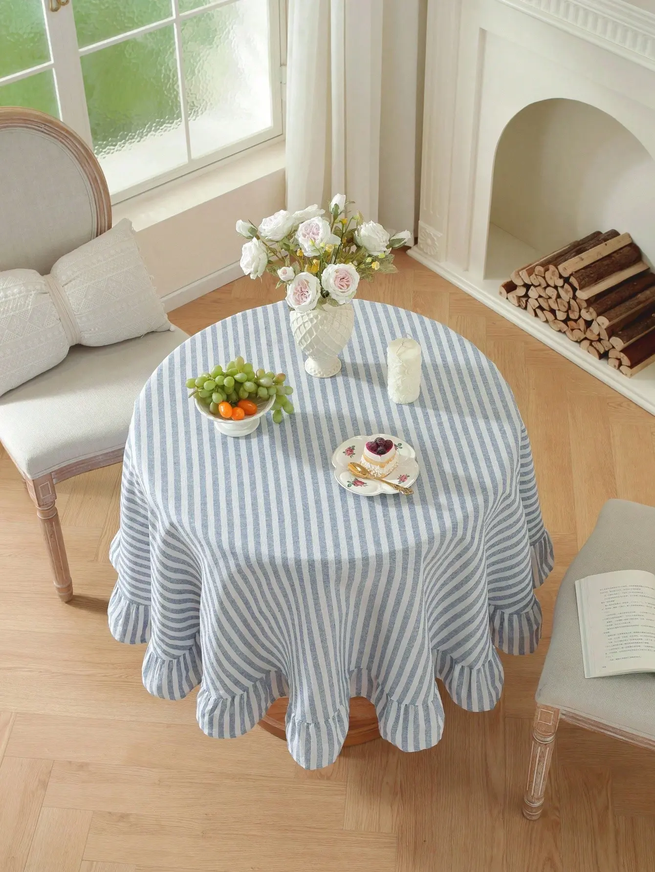 Blue Stripe Ruffle Round Table Linen thumbnail 2