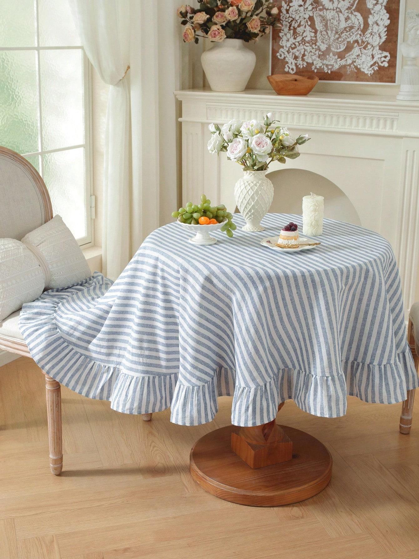 Blue Stripe Ruffle Round Table Linen thumbnail 4