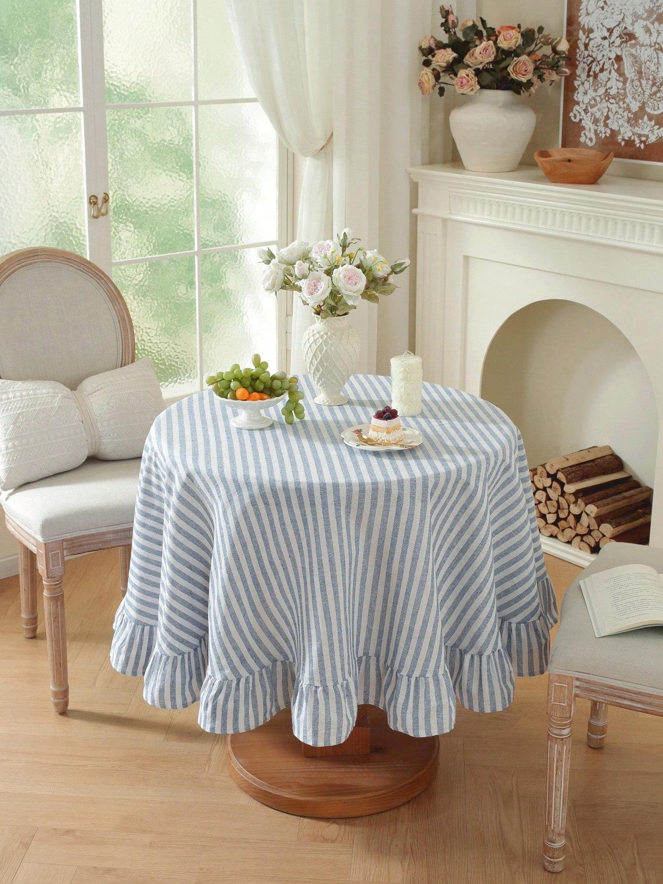 Blue Stripe Ruffle Round Table Linen