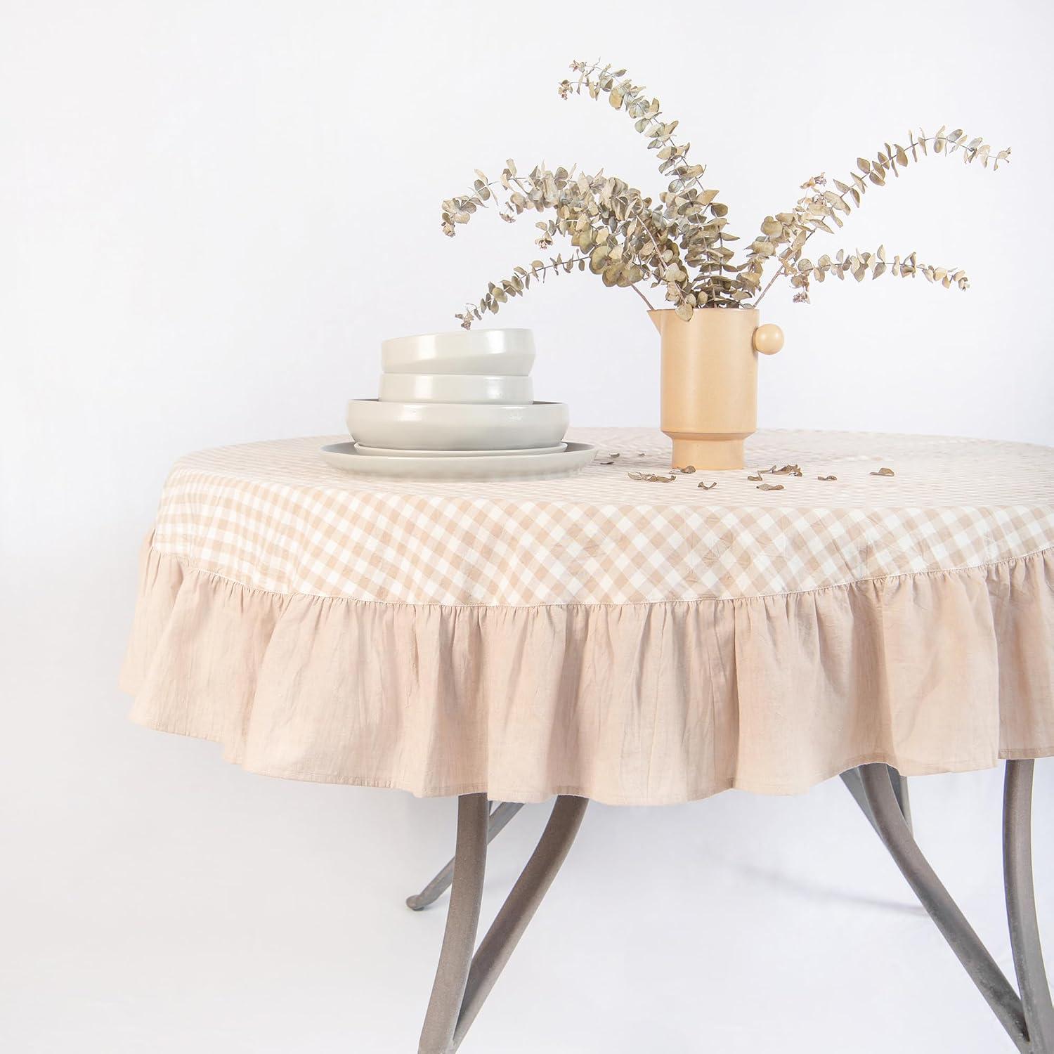 Beige Gingham Farmhouse Round Table Linen thumbnail 2